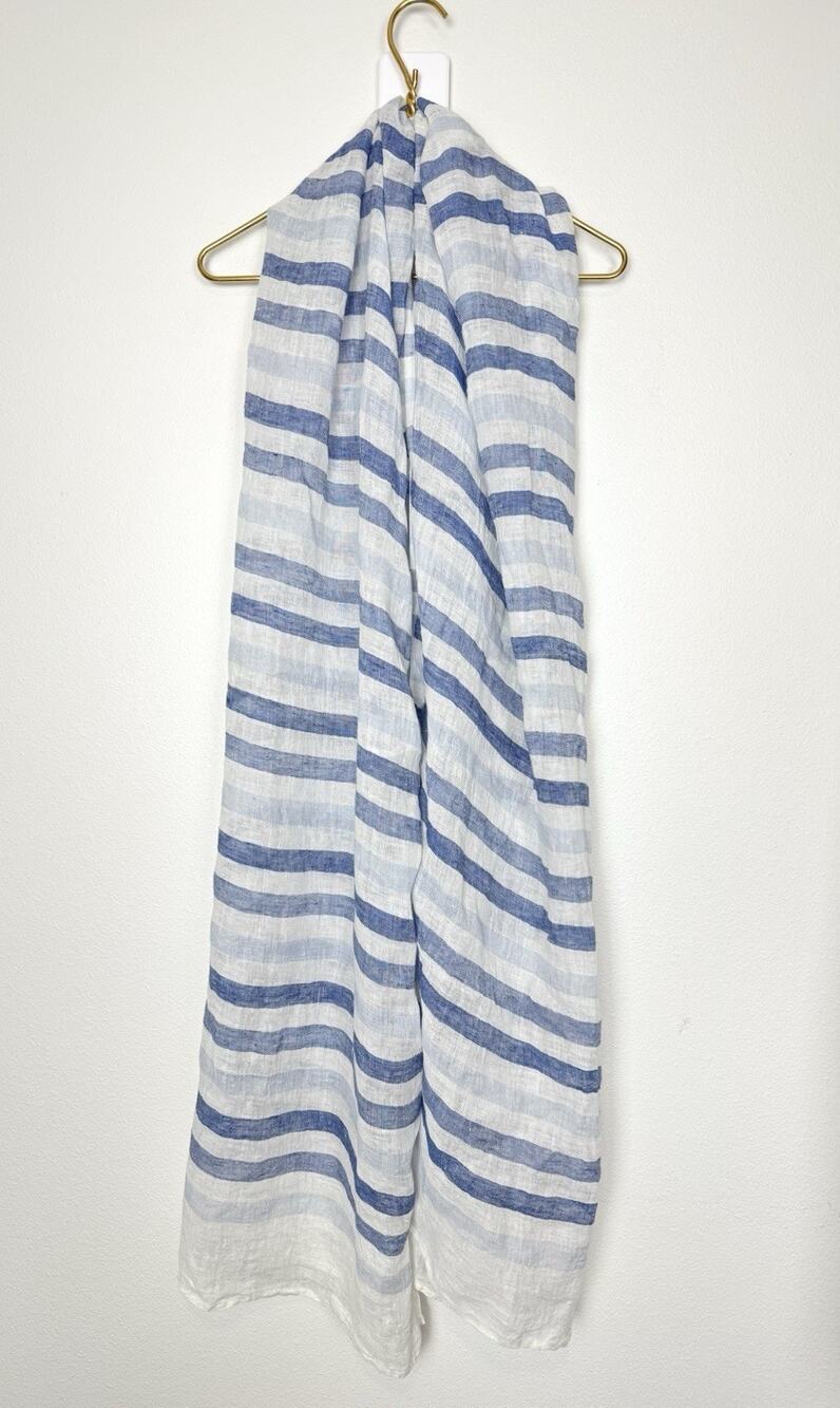 Fabindia Handwoven 100% Linen Stole Wrap Scarf Blue White Stripe 98" x 26" Crisp
